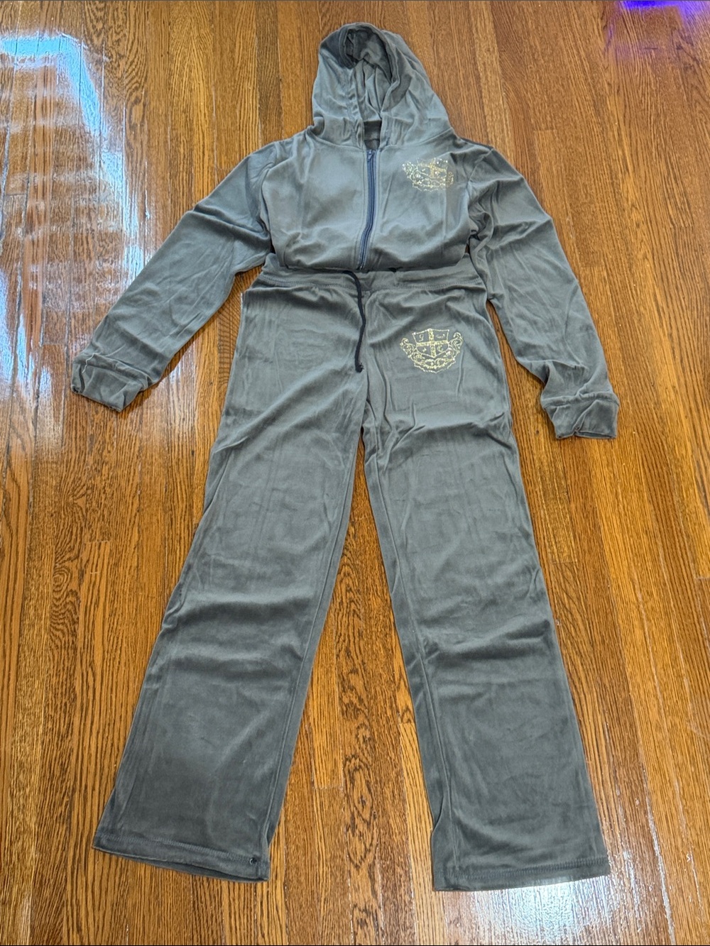 Brand New Gray Velour Hooded Zip Jumpsuit with Embroidered Crest